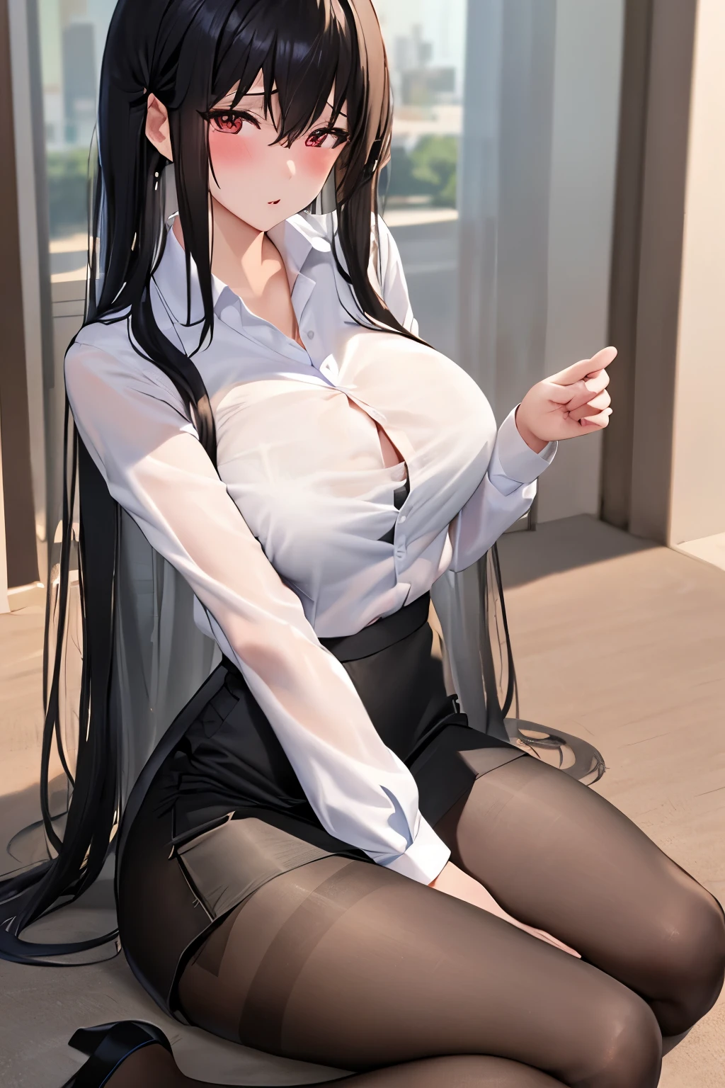 Adult woman with long black straight hair and huge breasts,white open collar shirt,underwear,thigh,black pantyhose,Standing,indoor