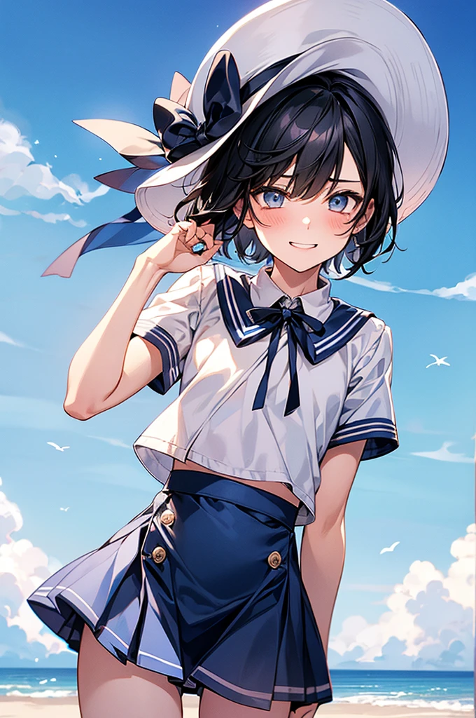 the character is making the poufffff sound and licking her tongue, 1girl, tongue, skirt, school uniform, solo, serafuku, navel, blush, pleated skirt, open mouth, tongue out, brown hair, looking at viewer, sailor collar, short sleeves, arms behind back, short hair, blue sailor collar, neckerchief, blue skirt, sweat, ((see-through))