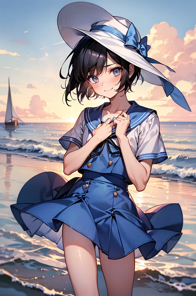 Best Quality, 1boy,Androgynous male,Flat Chest,Black Hair,Short Bob Cut,White and light blue sailor uniform,Hat with ribbon,Mini skirt dress,Short sleeve,Laugh shyly, wind,smile,blush, Character Portrait, Shooting at the beach