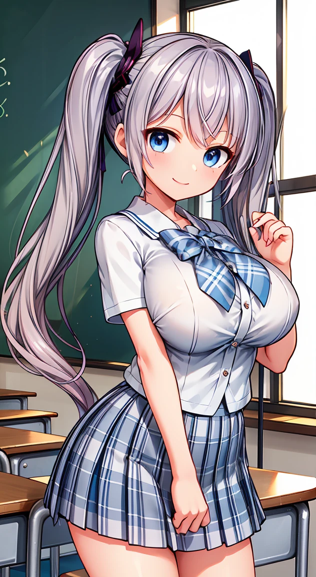 Highest quality,masterpiece,One person,Blonde,Twin tails,Schoolgirl uniform,Short sleeve,mini skirt,Large Breasts,smile,classroom,see through ,summer ,Micro mini skart,手を後ろに繋ぐ