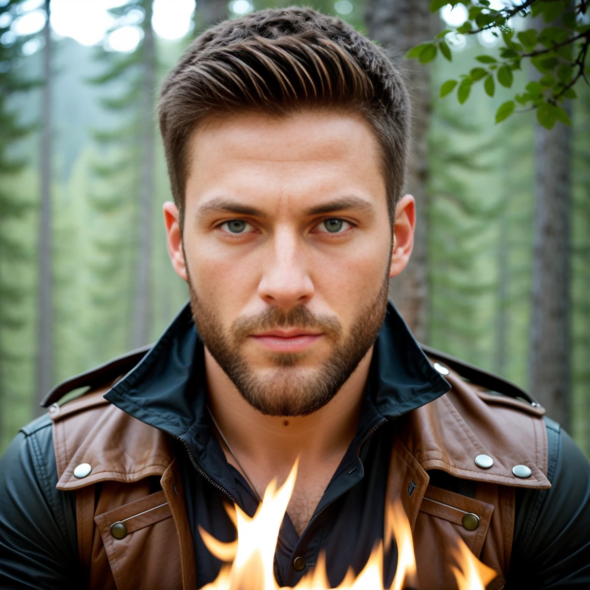 1man, A close medium shot of a charismatic male fitness model, 30 years old，small beard, Sexy and charming expression，gloomy eyes，Blue eyes, dressed in rustic clothing made of leather and thick fabrics. He is sitting next to a campfire in a wild, natural environment, like a forest or mountain. The firelight illuminates your face dramatically, revealing extremely realistic and detailed facial features. His expression is intense and serious, with a penetrating gaze that conveys strength and determination. The setting should be simple to keep the focus on the man and his powerful gaze, highlighting the texture of the clothes and the natural lighting of the fire.
INFO
