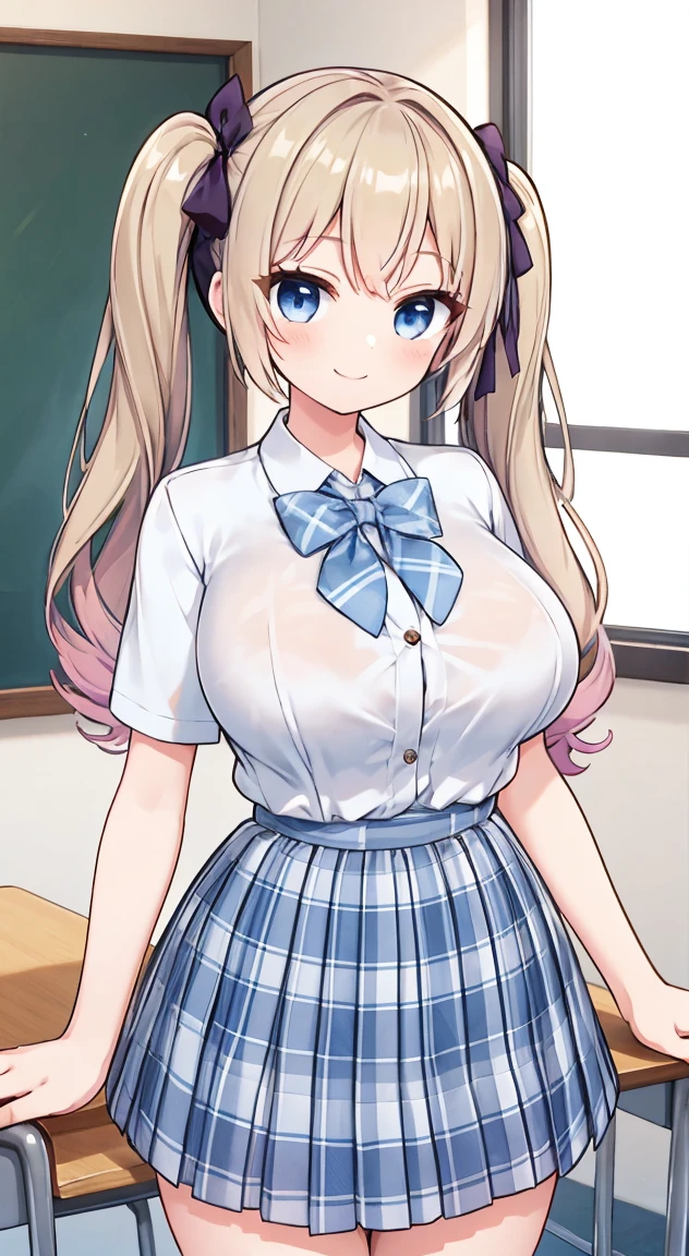 Highest quality,masterpiece,One person,Blonde,Twin tails,Schoolgirl uniform,Short sleeve,mini skirt,Large Breasts,smile,classroom,see through ,summer ,Micro mini skart,手を後ろに繋ぐ