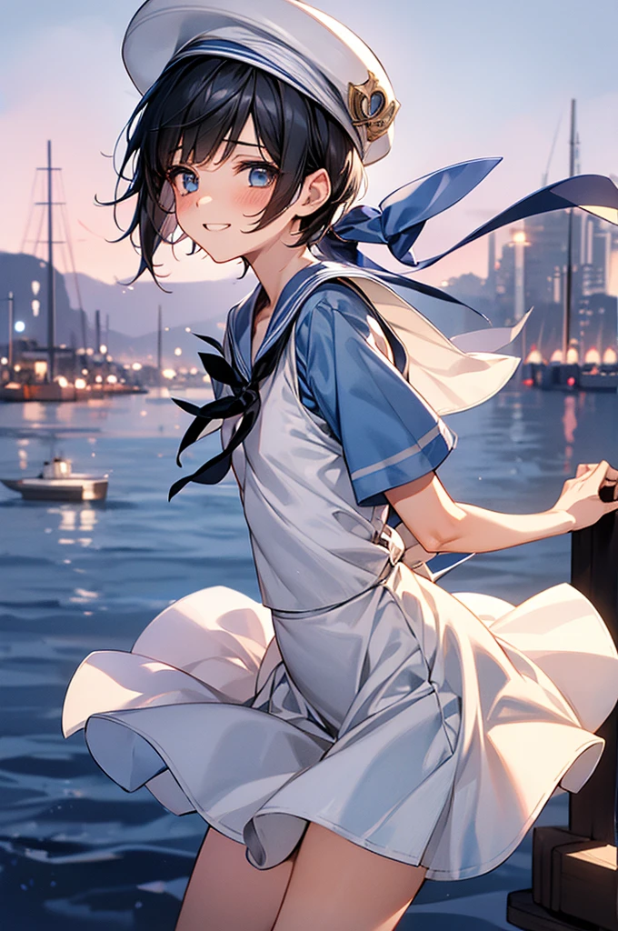 Best Quality, 1boy,Androgynous male,Flat Chest,Black Hair,Short Bob Cut,White and light blue sailor uniform,Hat with ribbon,Mini skirt dress,Short sleeve,Laugh shyly, wind,smile,blush, Character Portrait, Shooting at the harbor