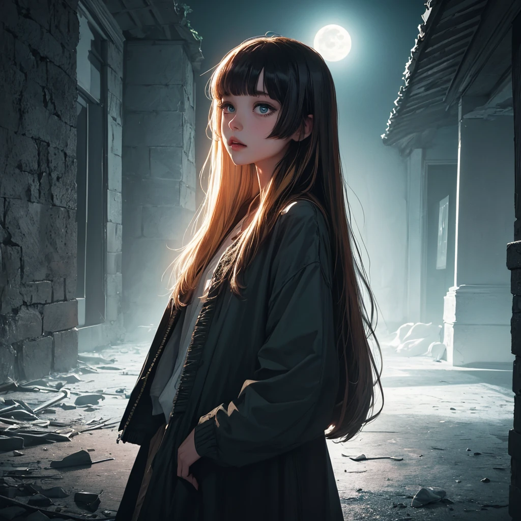 1girl, ((Caucasian)), white girl, older teen, small slender body, ((preppy clothes)), long brown hair, bangs, ((fringe with textured bangs)), full lips, full moon, haunting atmosphere, ((haunted house)), ((erotic)), white color scheme with teal and gold accents, ((high contrast)), ((rim lighting))
