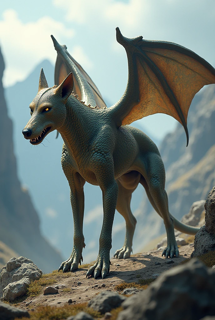 create a realistic image of a hybrid animal, being elss a dog and a dragon
