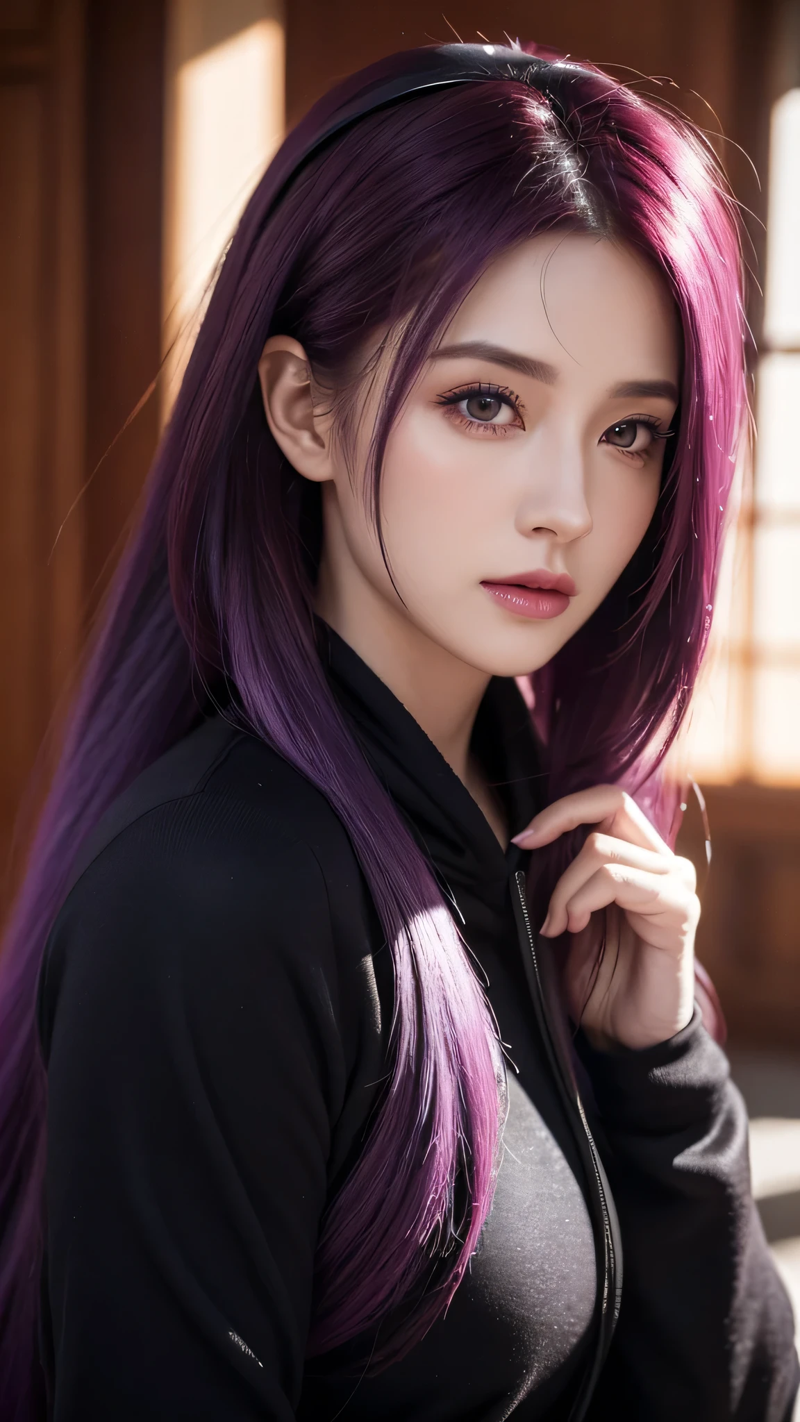 woman with red eyes purple long hair wearing a cropped black sweater, infront computer