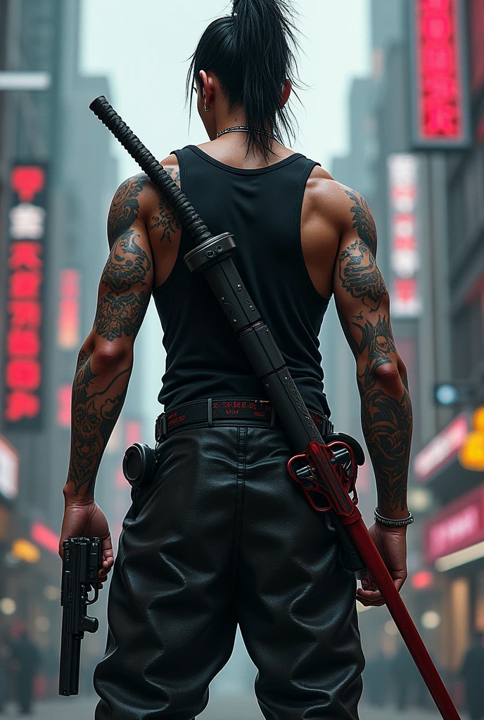 Men with tattoos on chest and arms, surreal building muscles, very fine skin details, 4K, ink punk style, great light, cyberpunk style, Katana illustration, art concept, full body standing, cinema, promotional art, amazing light, one hand holding Katana, fight, dodge, avoid, realistic, photo realistic:1.37, bright color, clear focus, blurry, fantasy:1.2, dynamic poses:1.37, intense gaze, special power, legendary power, black and red, body wound