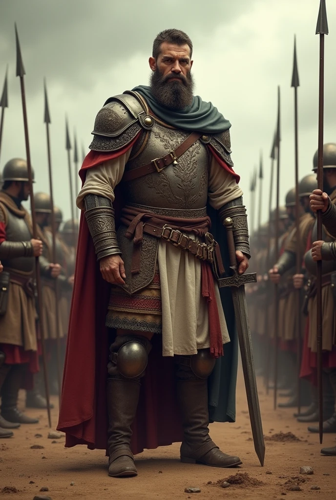 An evocative scene showcasing William the Conqueror holding his sword aloft, leading his troops