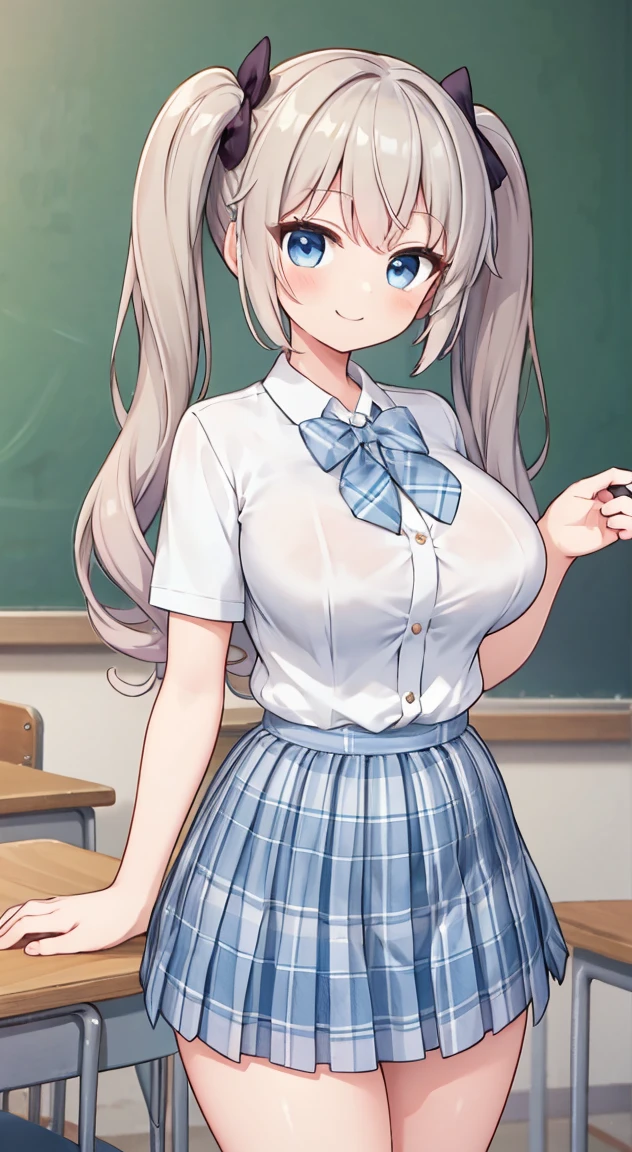 Highest quality,masterpiece,One person,Blonde,Twin tails,Schoolgirl uniform,Short sleeve,mini skirt,Large Breasts,smile,classroom,see through ,summer ,Micro mini skart,手を後ろに繋ぐ,ブラジャーが透けて見えている,