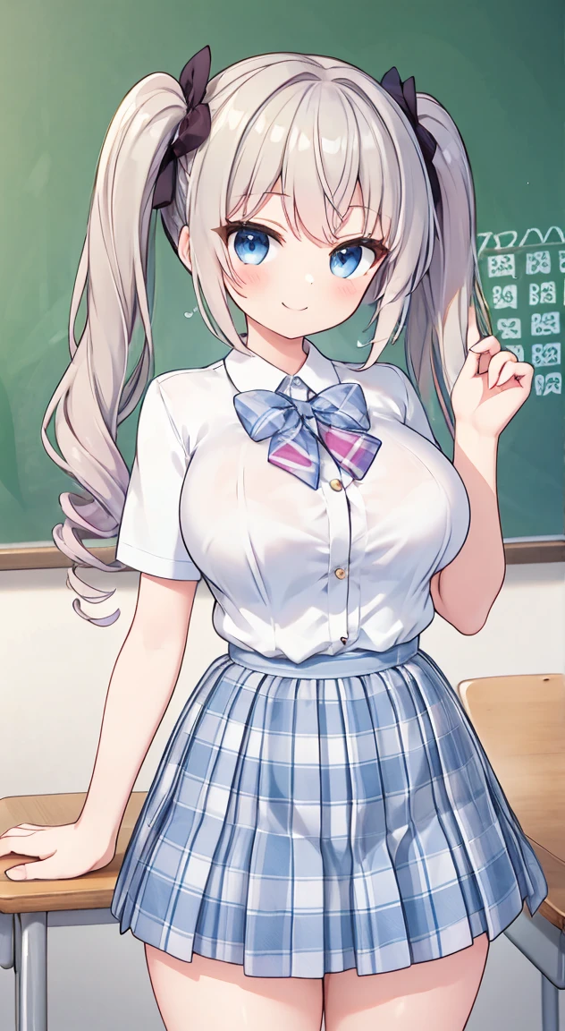 Highest quality,masterpiece,One person,Blonde,Twin tails,Schoolgirl uniform,Short sleeve,mini skirt,Large Breasts,smile,classroom,see through ,summer ,Micro mini skart,手を後ろに繋ぐ,ブラジャーが透けて見えている,