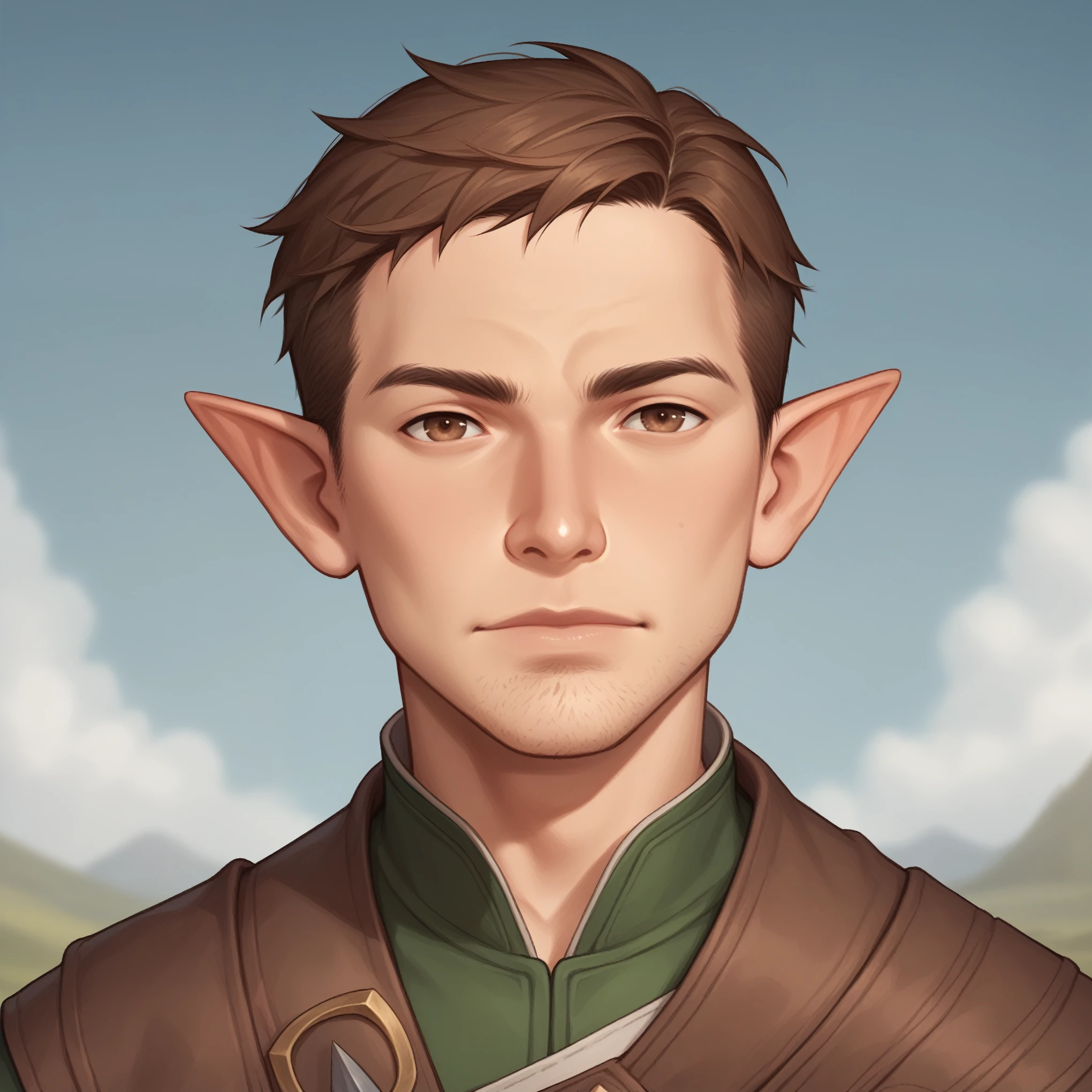 (((handsome, high quality, perfect eyes, comics style, detailed face))), score_9, score_8_up, score_7_up, BREAK, bust shoot view, solo, 1man, half-elf, brown hair, young, wide neck, short pointed ears, warrior, stubble, upper body, happyness expression, tundra background, fantasy outside, blurred background, Expressiveh, detailxl