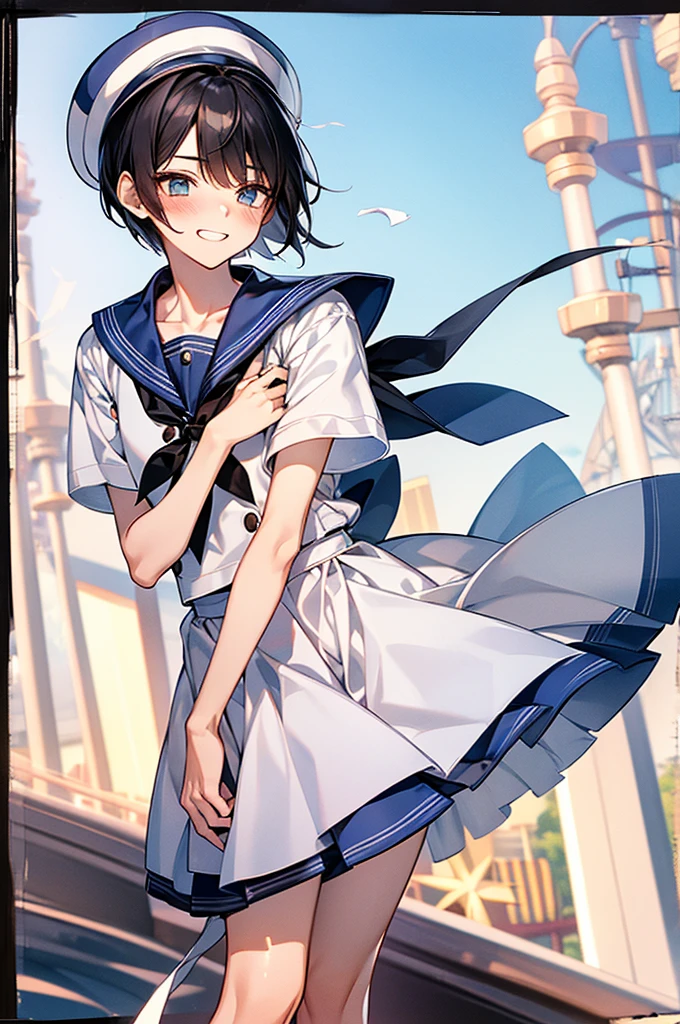 Best Quality, 1boy,Androgynous male,Flat Chest,Black Hair,Short Bob Cut,White and light blue sailor uniform,Hat with ribbon,Mini skirt dress,Short sleeve,Laugh shyly, wind,smile,blush, Character Portrait, Shooting at an amusement park