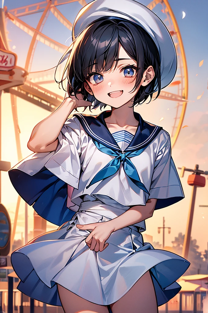 Best Quality, 1boy,Androgynous male,Flat Chest,Black Hair,Short Bob Cut,White and light blue sailor uniform,Hat with ribbon,Mini skirt dress,Short sleeve,Laugh shyly, wind,smile,blush, Character Portrait, Shooting at an amusement park