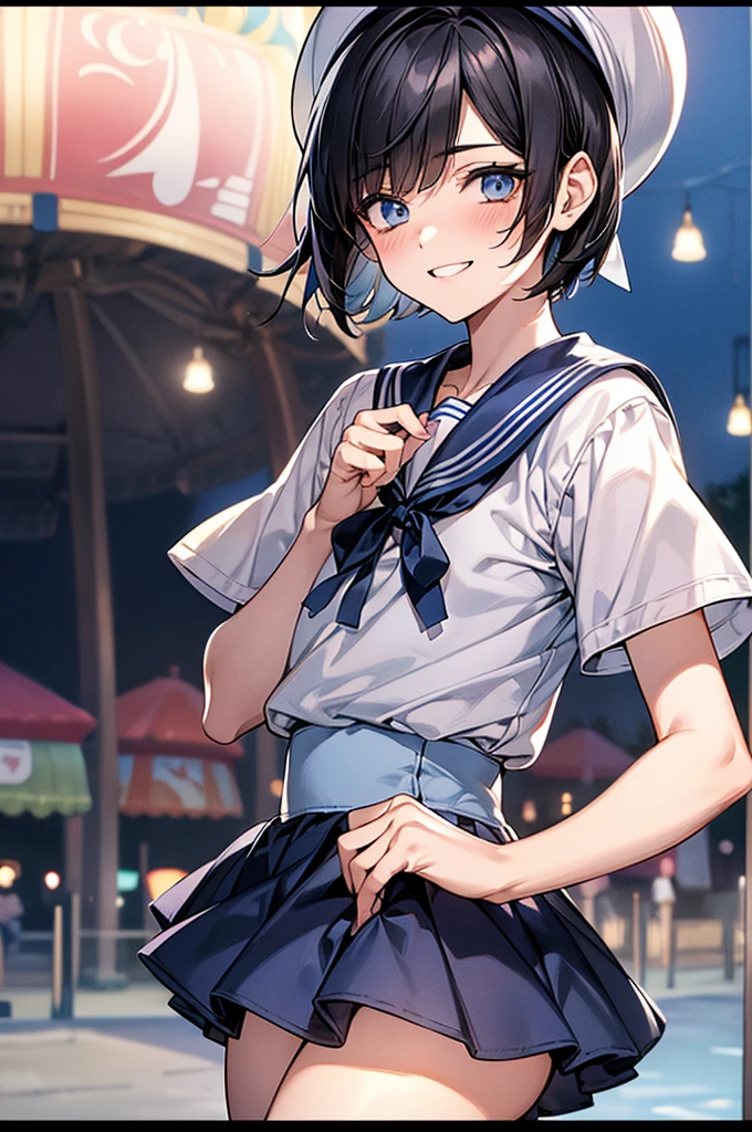 Best Quality, 1boy,Androgynous male,Flat Chest,Black Hair,Short Bob Cut,White and light blue sailor uniform,Hat with ribbon,Mini skirt dress,Short sleeve,Laugh shyly, wind,smile,blush, Character Portrait, Shooting at an amusement park