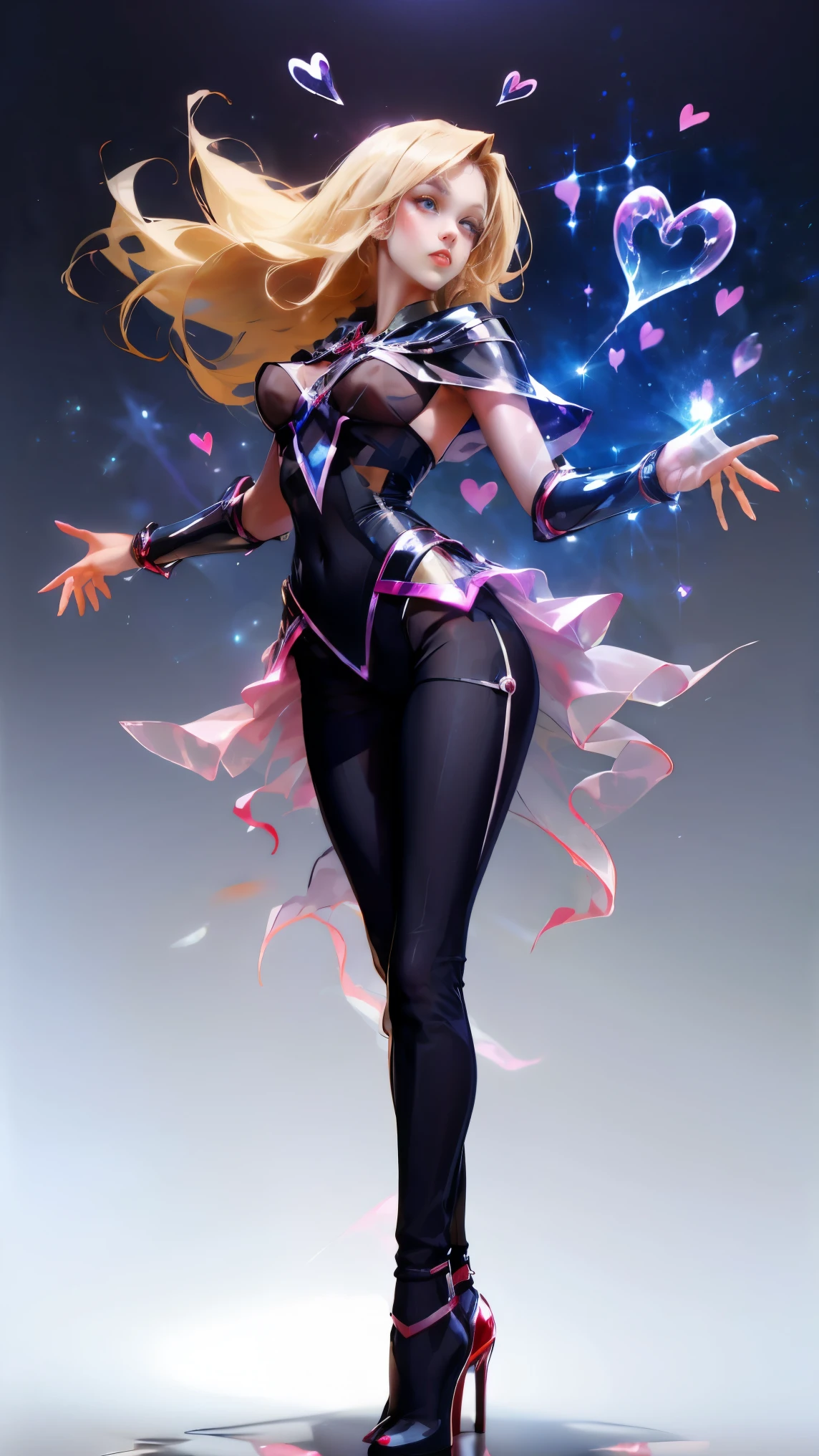 dark wizard gils, with high heels. pants, translucent and transparent clothing. sexy, Subjective and sensual pose. Magic background. Magical heart in the air. magic circle