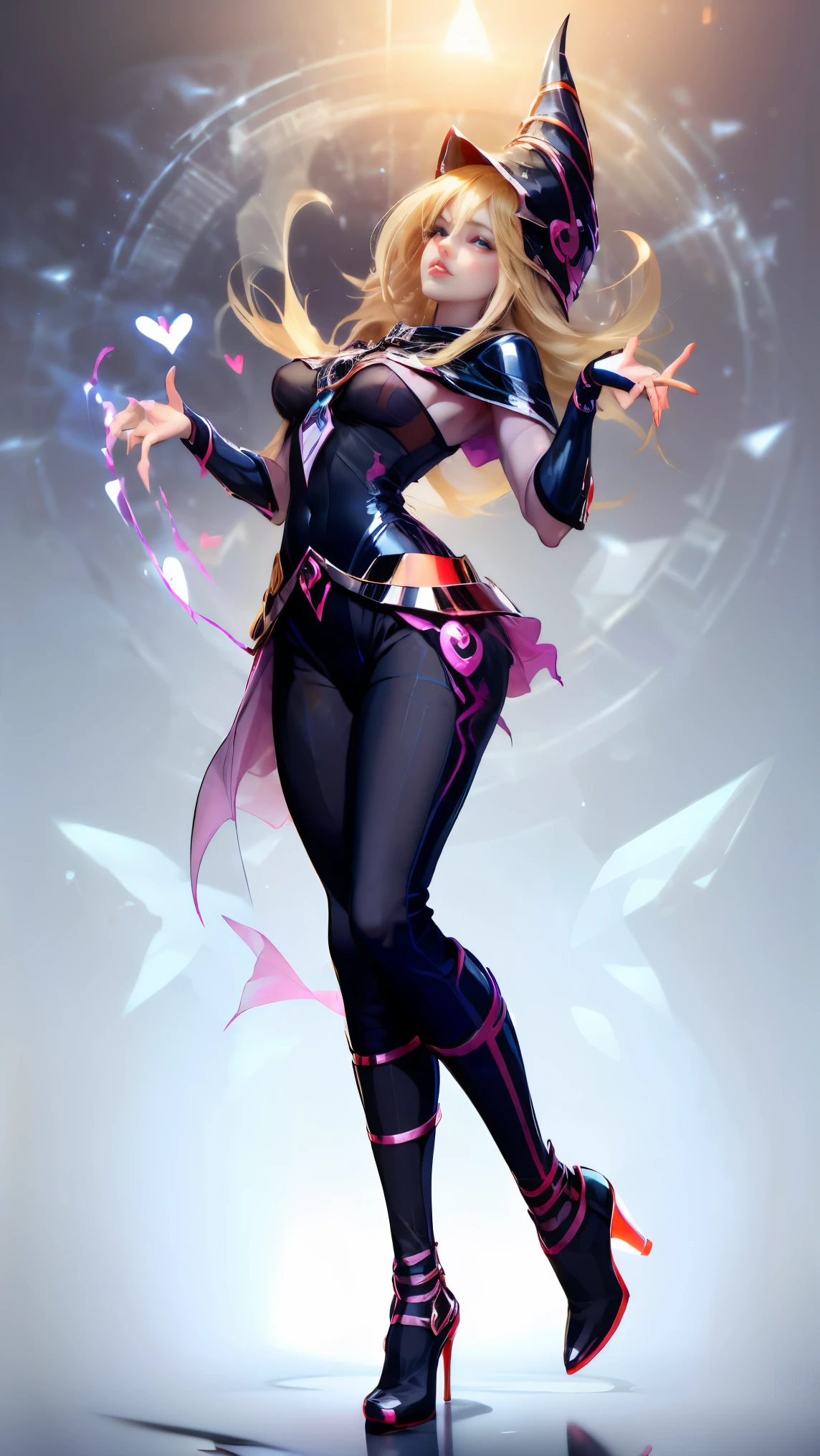 dark wizard gils, with high heels. pants, translucent and transparent clothing. sexy, Subjective and sensual pose. Magic background. Magical heart in the air. magic circle
