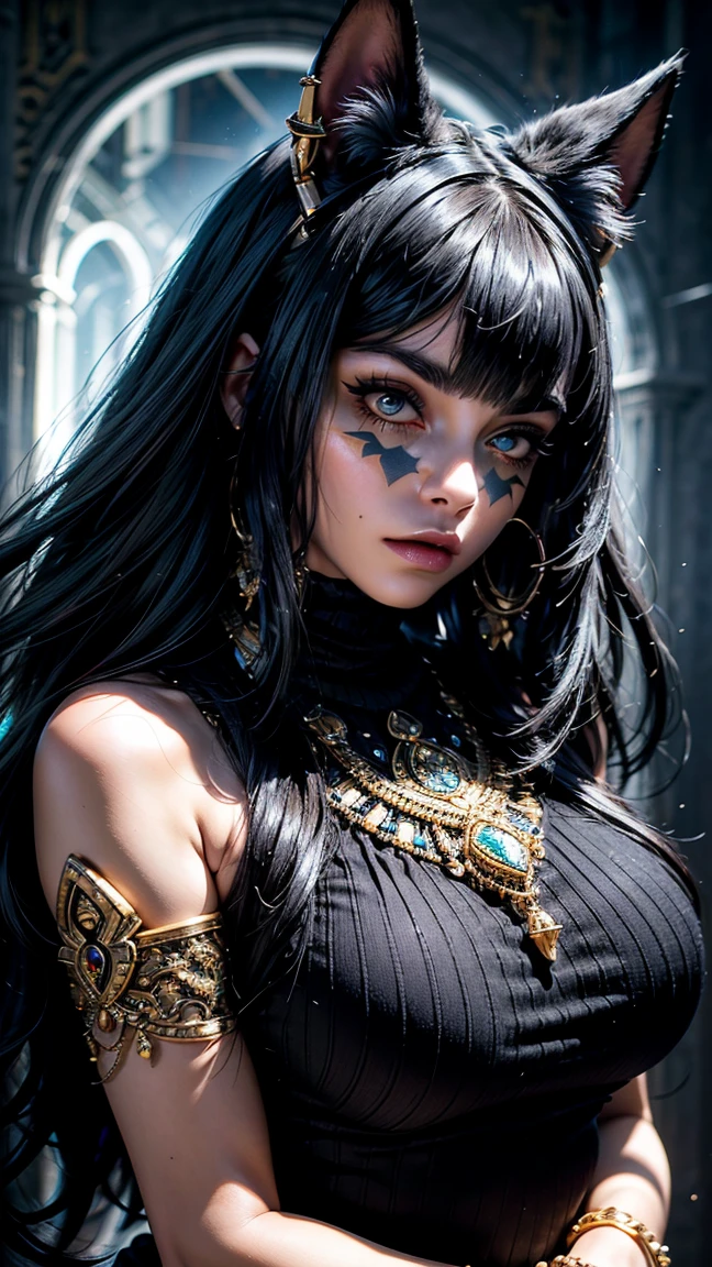 masterpiece, Ultra intricate details, high angle, aerial shot,  egypt, 30 year old girl, alone, Pale skin, Chubby , egyptian girl, Egyptian cat princess emo black outfit, cyber cat ears, black over sided long sweater, Platinum black hair, Egyptian hairstyle, shoulder length, ultra straight hair, fringe, well combed, large, bushy eyebrows, emo princess, swollen neon purple eyes, black cute sweater Clothes , very detailed mouth, big and bright purple eyes, fluorescent eyes, hands behind the back, chubby, pose frontal, wide hips, hyperrealistic, Augmented reality, emo Egyptian style, mysterious, showy, ((Ultra intricate face and body details, 4k high definition,  close up, portrait, 