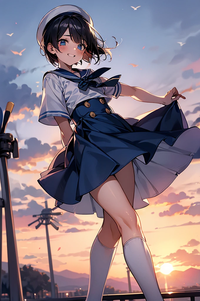 Highest quality, masterpiece, High resolution, alone, {inazuma_Fleet Collection}, brown_hair, Folded_ponytail, brown_eye, length_hair, Open_mouth, smile, Sailor suit, show off panties, (White panties), Wet clothes,Nipples, ,((Flat Chest, Small breasts, flat chest)), Navy blue pleated skirt