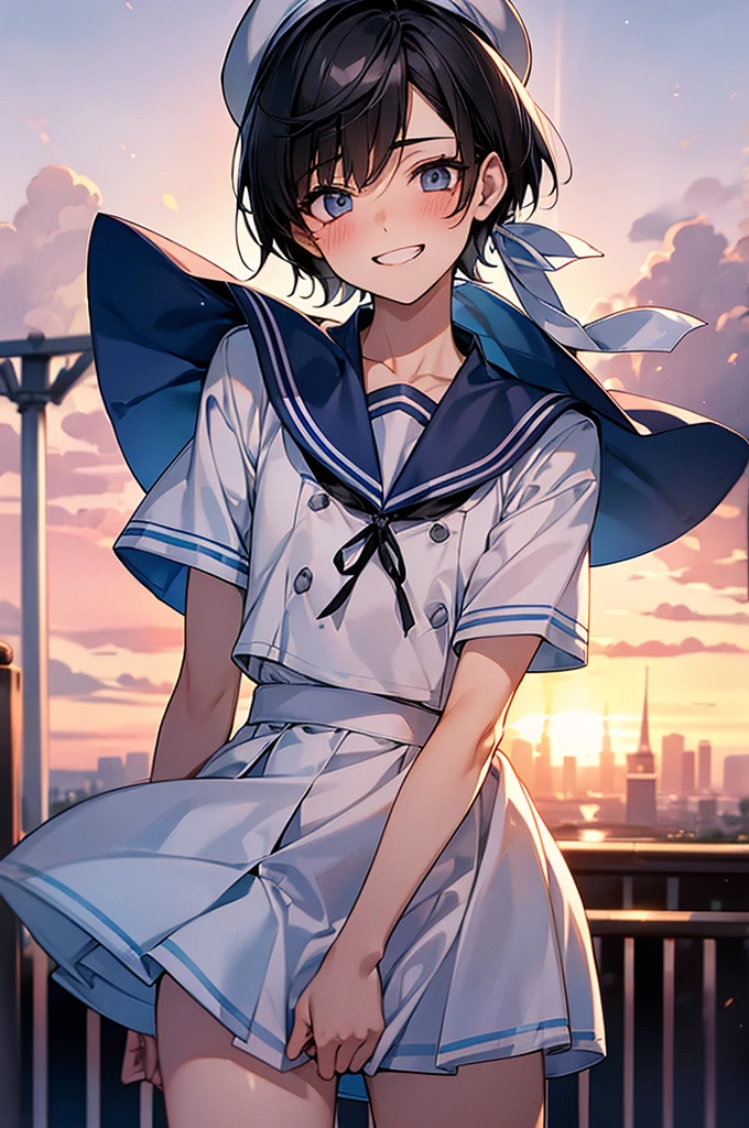 Best Quality, 1boy,Androgynous male,Flat Chest,Black Hair,Short Bob Cut,White and light blue sailor uniform,Hat with ribbon,Mini skirt dress,Short sleeve,Laugh shyly, wind,smile,blush, Character Portrait, Photographed at an amusement park at sunset