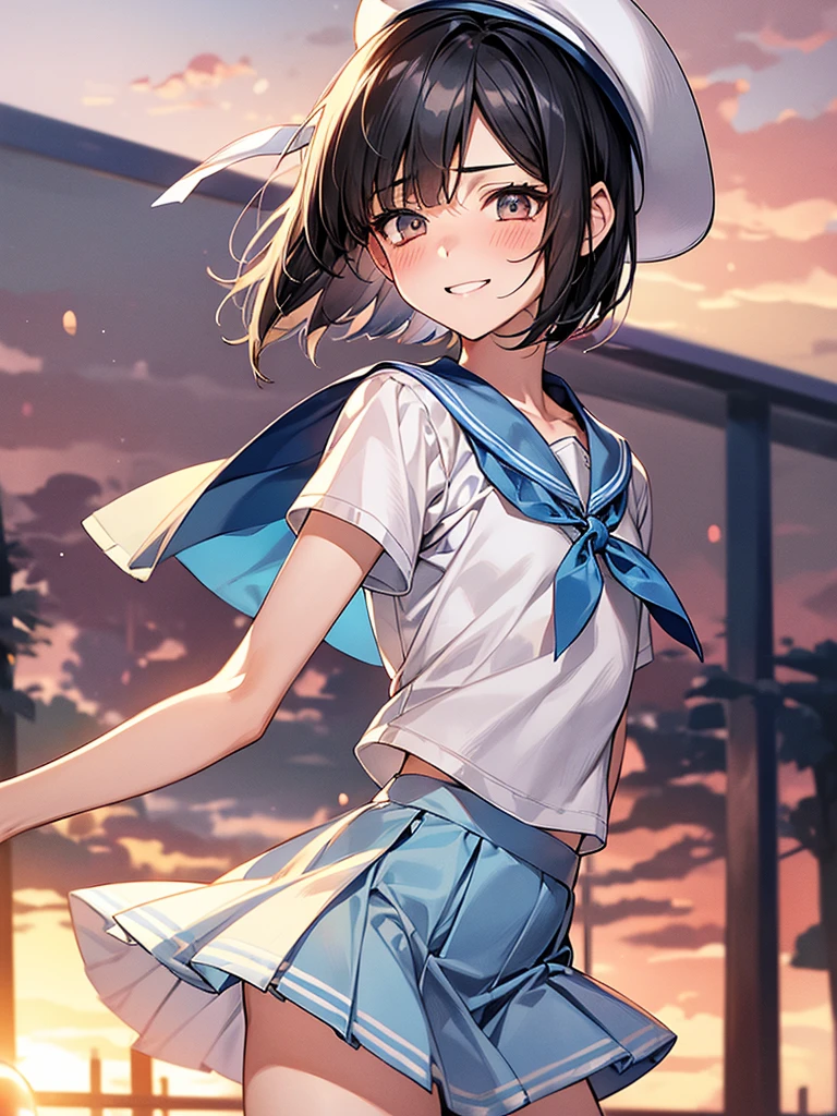 Best Quality, 1boy,Androgynous male,Flat Chest,Black Hair,Short Bob Cut,White and light blue sailor uniform,Hat with ribbon,Mini skirt dress,Short sleeve,Laugh shyly, wind,smile,blush, Character Portrait, Photographed at an amusement park at sunset