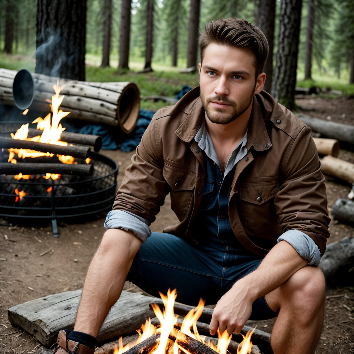 1man, A full shot of a charismatic male fitness model, 30 years old，small beard, Sexy and charming expression，gloomy eyes，Blue eyes, dressed in rustic clothing made of leather and thick fabrics. He is sitting next to a campfire in a wild, natural environment, like a forest or mountain. The firelight illuminates your face dramatically, revealing extremely realistic and detailed facial features. His expression is intense and serious, with a penetrating gaze that conveys strength and determination. The setting should be simple to keep the focus on the man and his powerful gaze, highlighting the texture of the clothes and the natural lighting of the fire.