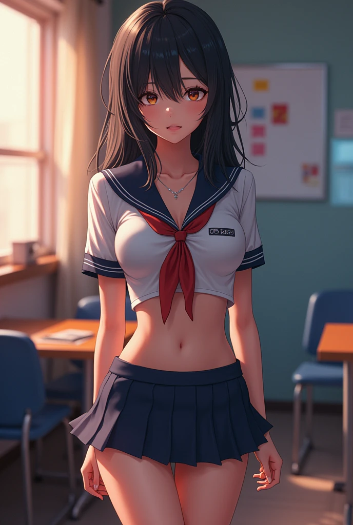 woman, sexy woman, mature female, mommy, black hair, red eyes, detailed eyes, detailed lips, big breasts, short sleeves sailor uniform, sit with crossed legs, classroom, evil smiling, seductive lips, adjusting hair, skirt, hunter eyes, look from below, slighty midriff
