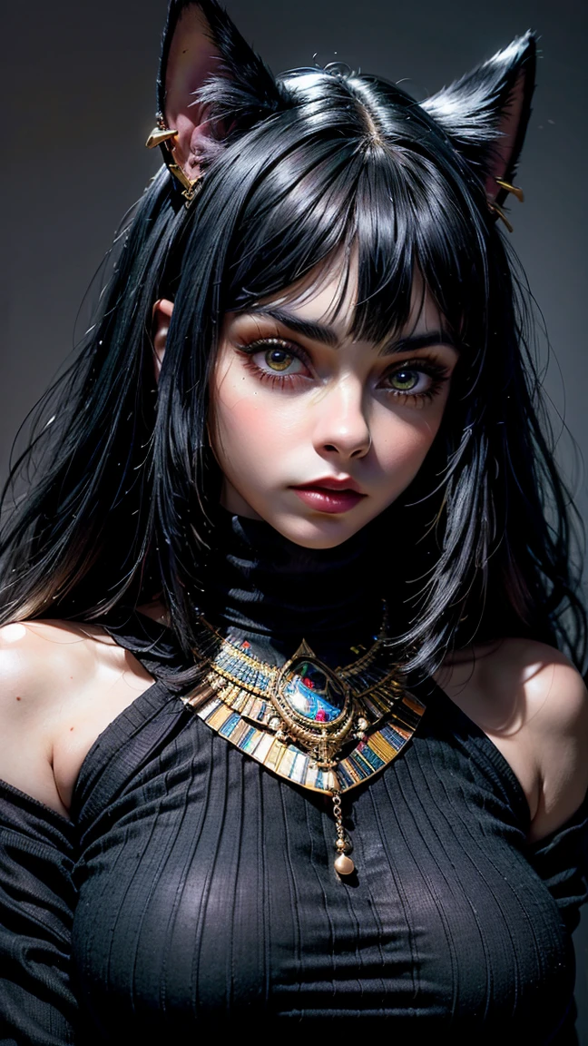 masterpiece, Ultra intricate details, high angle, aerial shot,  egypt, 30 year old girl, alone, Pale skin, Chubby , egyptian girl, Egyptian cat princess emo black outfit, cyber cat ears, black over sided long sweater, Platinum black hair, Egyptian hairstyle, shoulder length, ultra straight hair, fringe, well combed, large, bushy eyebrows, emo princess, swollen neon purple eyes, black cute sweater Clothes , very detailed mouth, big and bright purple eyes, fluorescent purple eyes, hands behind the back, chubby, pose frontal, wide hips, hyperrealistic, Augmented reality, emo Egyptian style, mysterious, showy, ((Ultra intricate face and body details, 4k high definition,  close up, portrait, 