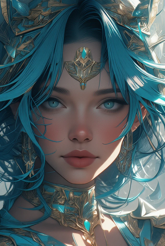 (tmasterpiece, PremiumQuality, Need, offcial art, Beauty and aesthetics: 1.2), (1 Girl: 1.3), (s fractal art: 1.3), Vibrant aqua blue eyes, #1: Medium-Length Hair with Fringe, Nude center