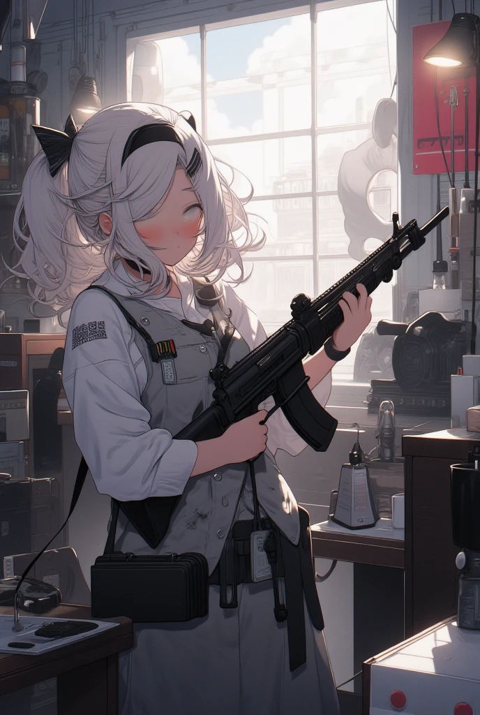 chell, pony tails, vests, Clothes around the waist, cleaning a gun at a workbench, Bright morning sun shining through the window (rpg game) (tmasterpiece:1.2) (illustratio:1.2) (Need:1.2) (Detailed) (iintricate) (in 8K) (Human Development Report) (灯光) (foco nítido)