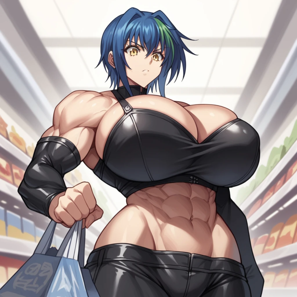 Large biceps, massive breasts, {Ultra gigantic breasts} massive cleavage, toned abs, giantess growth, shopping mall, black latex, color, muscular,  xenovia quarta, short hair, blue hair, yellow eyes, multicolored hair, green hair, two-tone hair, streaked hair, 