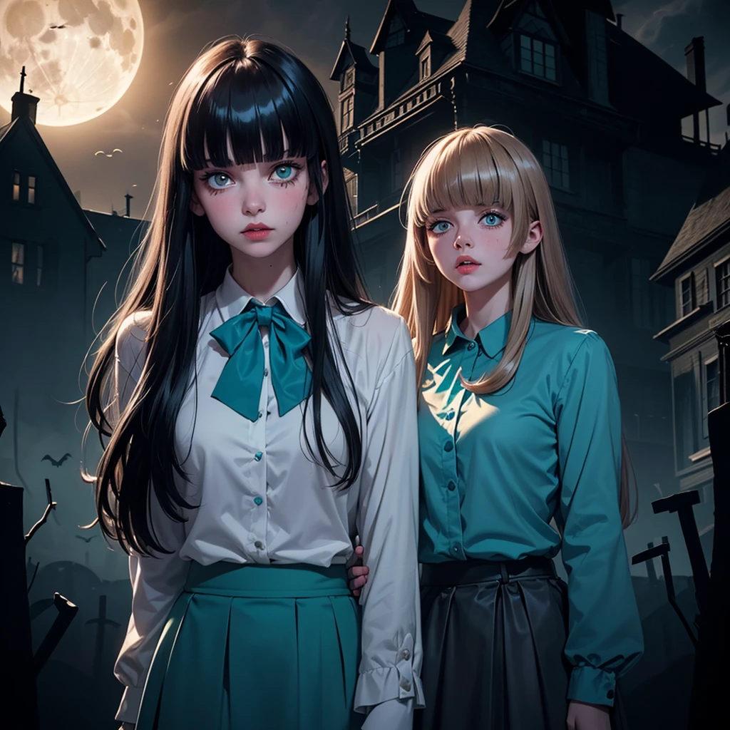 1girl, ((Caucasian)), white girl, older teen, small slender body, ((tattered blouse and skirt)), long brown hair, bangs, ((fringe with textured bangs)), full lips, full moon, haunting atmosphere, ((haunted house)), ((erotic)), white color scheme with teal and gold accents, ((high contrast)), ((rim lighting))
