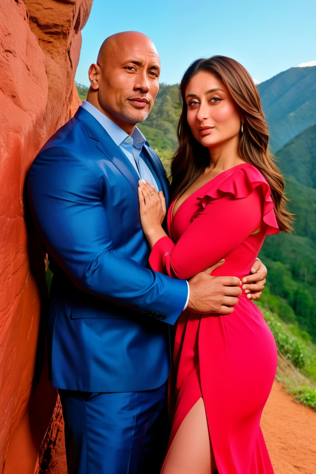 Kareena kapoor with dwayne johnson . He lifts Kareena with both hands , kareena is on his hands, he pick up kareena , hollywood movie poster . They are in mountain 