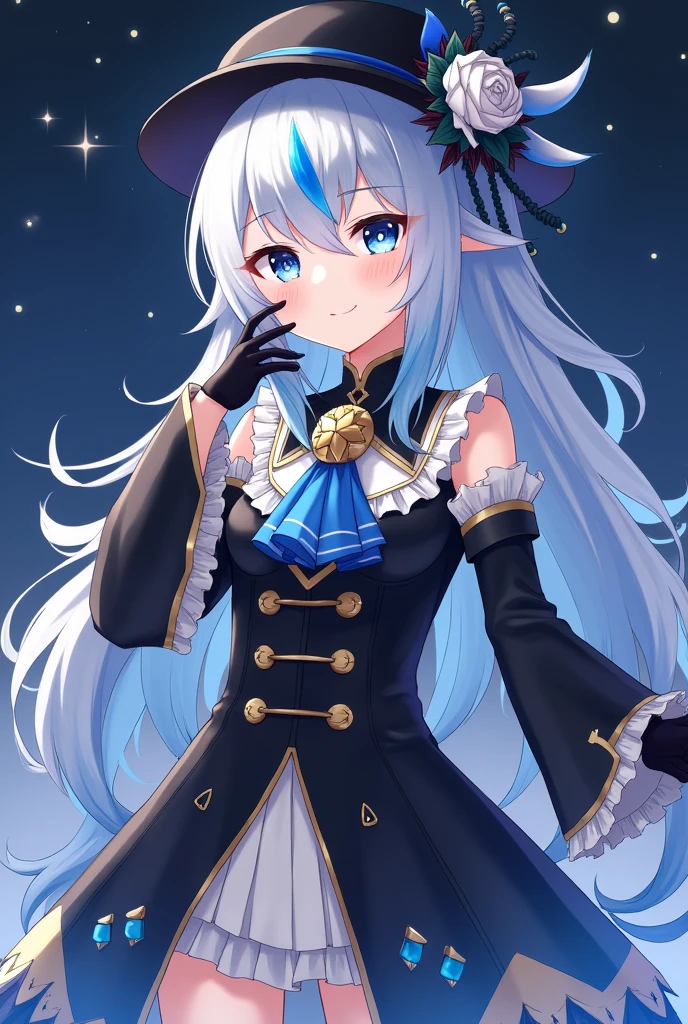 ((tmasterpiece:1.4,best qualtiy))++,(hyper-detailing)+,(best qualtiy,hyper-detailing,vivd colour,rich colourful,dynamic angle,hight contrast:1.2),A teenager,schoolboy,short,Height approx. 165cm,long white hair,Braided,blue color eyes,Wearing a black magic hat,With white fox ears and tail,Decorated with blue roses and white ribbonagister。delicated face,exquisite facial featurerom below:0.5), Fashionab, with dynamism, garments, posing on a, frontage, rich colourful, dyna, Background with, element in, self-assured, Expressing the, statement, fittings, A majestic, coil, Runt, Scenes, Cover of a, boldness, attention-grabbing, Fashionab, typeface, Catchy, attention-grabbinodern day, Fashionab, focal, Fashionab,the night,themoon,stage,performance,A huge scene,lamplight