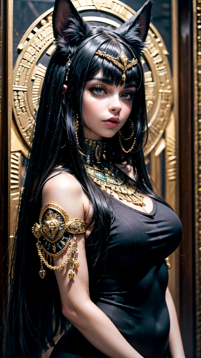 masterpiece, Ultra intricate details, high angle, aerial shot,  egypt, 30 year old girl, alone, Pale skin, Chubby , egyptian girl, Egyptian cat princess emo black outfit, cyber gold cat ears, black over sided long sweater, Platinum black hair, Egyptian hairstyle, shoulder length, ultra straight hair, fringe, well combed, large, bushy eyebrows, emo princess, swollen neon purple eyes, black cute sweater Clothes , very detailed mouth, big and bright purple eyes, fluorescent purple eyes, hands behind the back, chubby, pose frontal, wide hips, hyperrealistic, Augmented reality, emo Egyptian style, mysterious, showy, ((Ultra intricate face and body details, 4k high definition,  close up, portrait, 