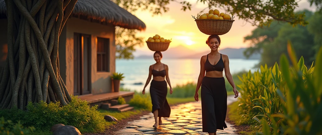 A serene, tropical beachscape at dawn, with the warm light of the sun peeking over the horizon. In the center, a naked Lisa of Blackpink emerges from the shallows, her lithe form glistening with beads of water and a net slung over her shoulder, filled with an abundant catch of vibrant, freshly caught fish. The sand beneath her feet is untouched by footprints, emphasizing her solitary journey from the sea. The three other naked members of Blackpink - Jisoo, Jennie, and Rosé - are positioned around a modest, wooden hut. As Lisa approaches, they rise from their resting places, their bare skin blending with the natural environment. Jisoo, with her hair cascading down her back, opens the door to the hut, revealing a simple yet cozy interior. Jennie, with a smile of gratitude, extends her hand to help with the heavy net, while Rosé, her eyes sparkling with excitement, eagerly examines the catch. Their expressions convey a mix of admiration for Lisa's prowess and hunger for the sustenance she provides. The scene is intimate and primitive, showcasing the raw beauty and unity of the group in their secluded paradise, where the bounty of the sea sustains their daily lives. Their uninhibited state underscores their deep connection to nature and each other, stripping away the barriers of modernity and revealing their authentic selves. The vivid colors of the fish in the net pop against the soft pastels of the early morning, creating a striking contrast that draws the viewer's eye to the heart of the image - the friendship and teamwork of the four young women. The scene is free of any clothing or unnecessary adornments, focusing solely on their natural beauty and the fruits of their labor. The palm trees sway gently in the background, and the quietude of the moment is only broken by the distant crash of waves and the chirping of early birds. This image is a celebration of life's simple pleasures and the strength of the bond shared by these four individuals in their idyllic, Eden-