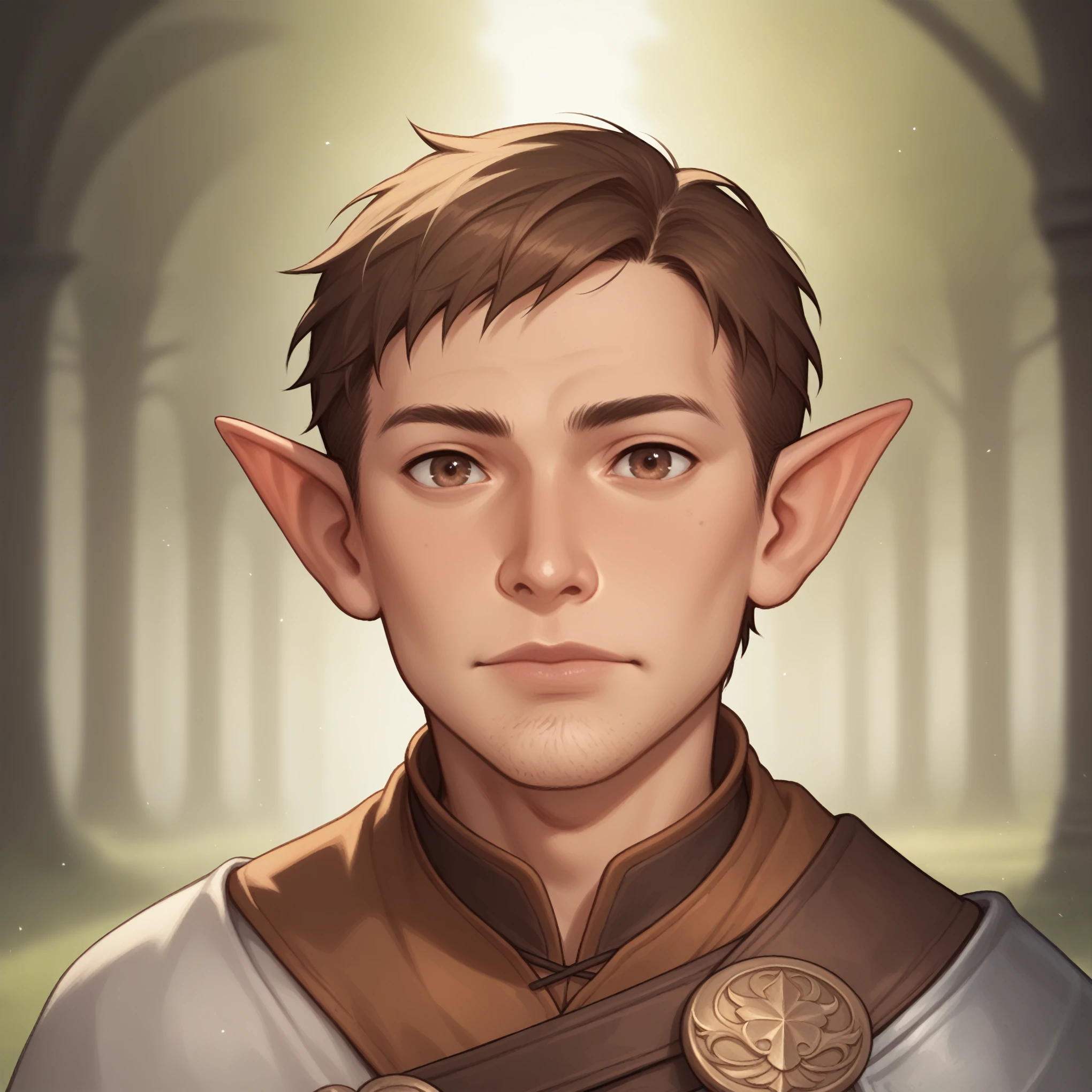 (((high quality, perfect eyes, comics style, detailed face))), score_9, score_8_up, score_7_up, BREAK, bust shoot view, solo, 1man, half-elf, brown hair, young, wide neck, short pointed ears, warrior, stubble, upper body, happyness expression, tundra background, fantasy outside, blurred background, Expressiveh, detailxl