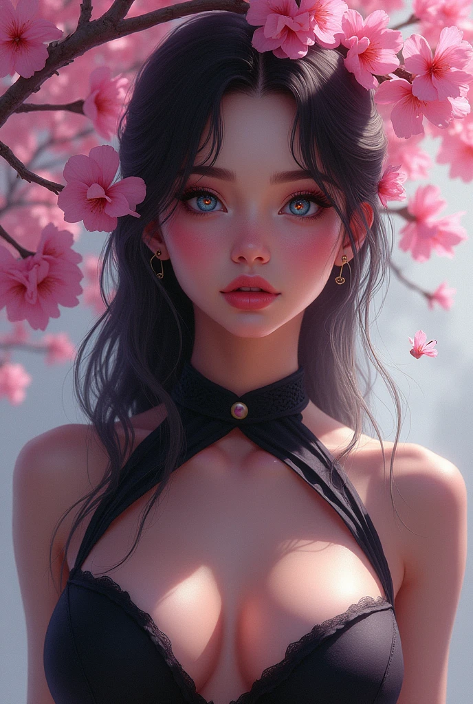 /imagine (Masterpiece, hdr, UHD)),best quality, (8k,hyper-detailed wallpaper,ultra-detailed, ultra absurdres, ultra aesthetic), really nice looking cosplay girl wearing a pink and white flower hat, 1girl, solo, dark skin, dark-skinned female, long hair, thighhighs, big breasts, curvy hips, perfect physique, perfect anatomy, perfect hands, flower, hat, gloves, braid, seductress, seducing the viewer, cleavage, black thighhighs, hair between eyes, black gloves, wide sleeves, cherry blossoms, leotard, hair ornament, black eyes, shining eyes, carnal demeanor, seductive smile, blowjob, cum gulping, bbc, cherry blossom skirt, Connie Maheswaran, Murakami teruaki,