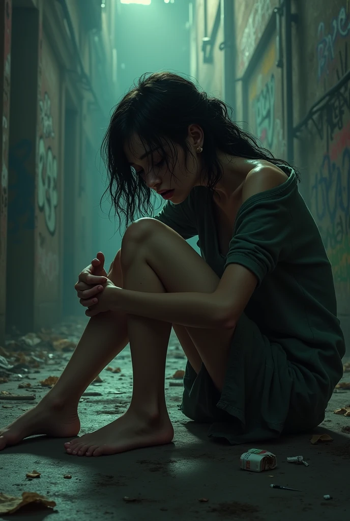 (A teen girl) (peeing & pooping, urgently) Hiding behind alley)(Realistic) (peeing and pooping in a corner of an alleyway) (she pulls down underwear and pants to the floor) (squatting down) (pee stains) ( peeing dripping)