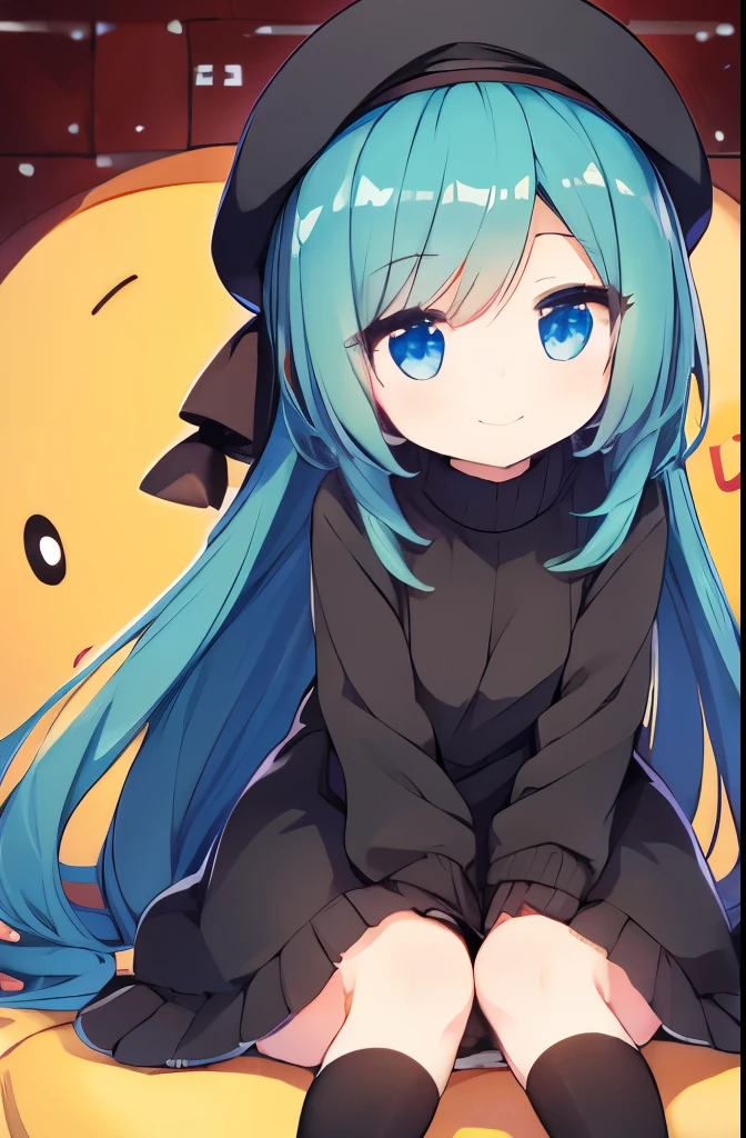 by haru, hatsune miku, absurdres, 1girl, ahoge, black socks, blush, blush stickers, boots, brown footwear, character doll, closed mouth, cross-laced footwear, doll, full body, green eyes, green hair, hair between eyes, hair ornament, holding, holding doll, knees together feet apart, knees up, long hair, looking at viewer, open mouth, simple background, sitting, smile, socks, solo, twintails, very long hair, white background