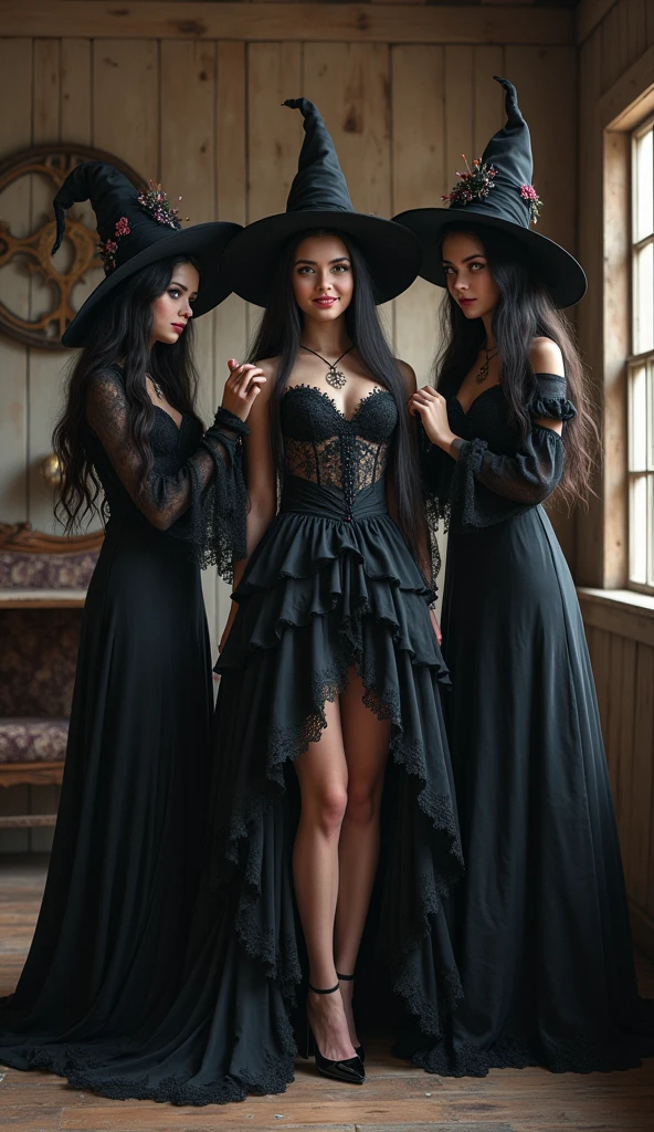 (best quality,4k,8k,highres,masterpiece:1.2),ultra-detailed,(realistic,photorealistic,photo-realistic:1.37), a teenage boy joins a witch coven and he’s given the gift of femininity, he gets magically transformed into a cute teenage witch girl, sex change ritual, pink eyes, long black hair, is happy, stunning black Victorian dress, gorgeous dress design,flowing gown,elaborate lace details,rich textures,contrast stitching,delicate ribbon bows,floral accents,full skirt,high neckline,long sleeves,fitted waistline,flared cuffs,lace-up back,luxurious fabrics,flawless silhouette,high heels,pointy hat, magical transformation, detailed facial features, glowing and vibrant pink eyes, flowing and glossy long black hair, happy and excited expression, joyful and radiant vibe, surrounded by a mystical aura, spell books and potions in the background, an enchanting garden with colorful flowers, butterflies flying around, moonlit night with a full moon shining above, soft and ethereal lighting, a group of friendly witches welcoming the new girl into the coven, joyful celebration and magical rituals, feminine and elegant movements, a cauldron overflowing with sparkles and magical essence, black and purple hues dominating the color palette, whimsical and enchanting atmosphere, breathtaking and bewitching nature, a sense of empowerment and self-discovery.