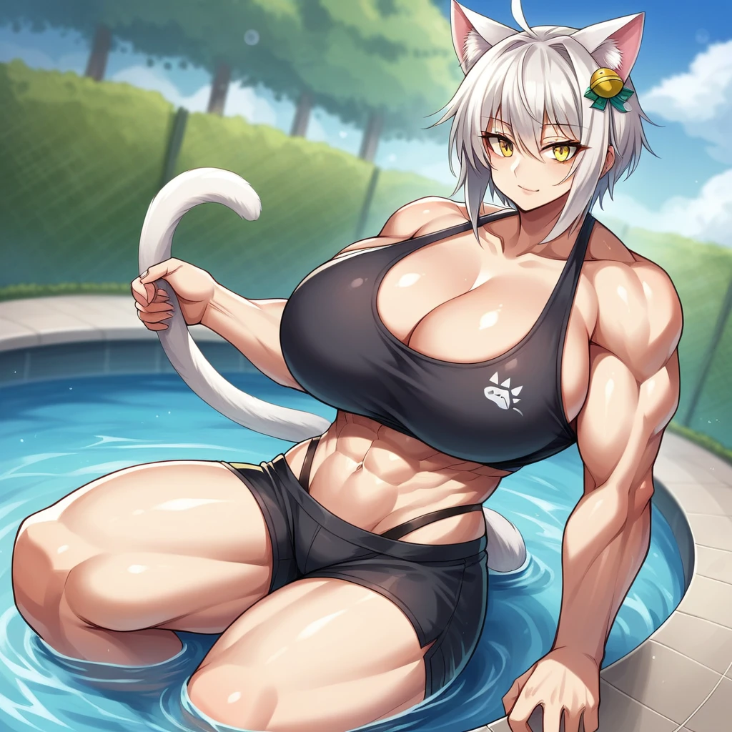 Large biceps, massive breasts, {Ultra gigantic breasts} massive cleavage, toned abs, giantess growth, pool, color, muscular, (koneko_tojou, hair ornament, white hair, short hair, yellow eyes, solo, cat hair ornament)
(animal ears,cat ears,tail)