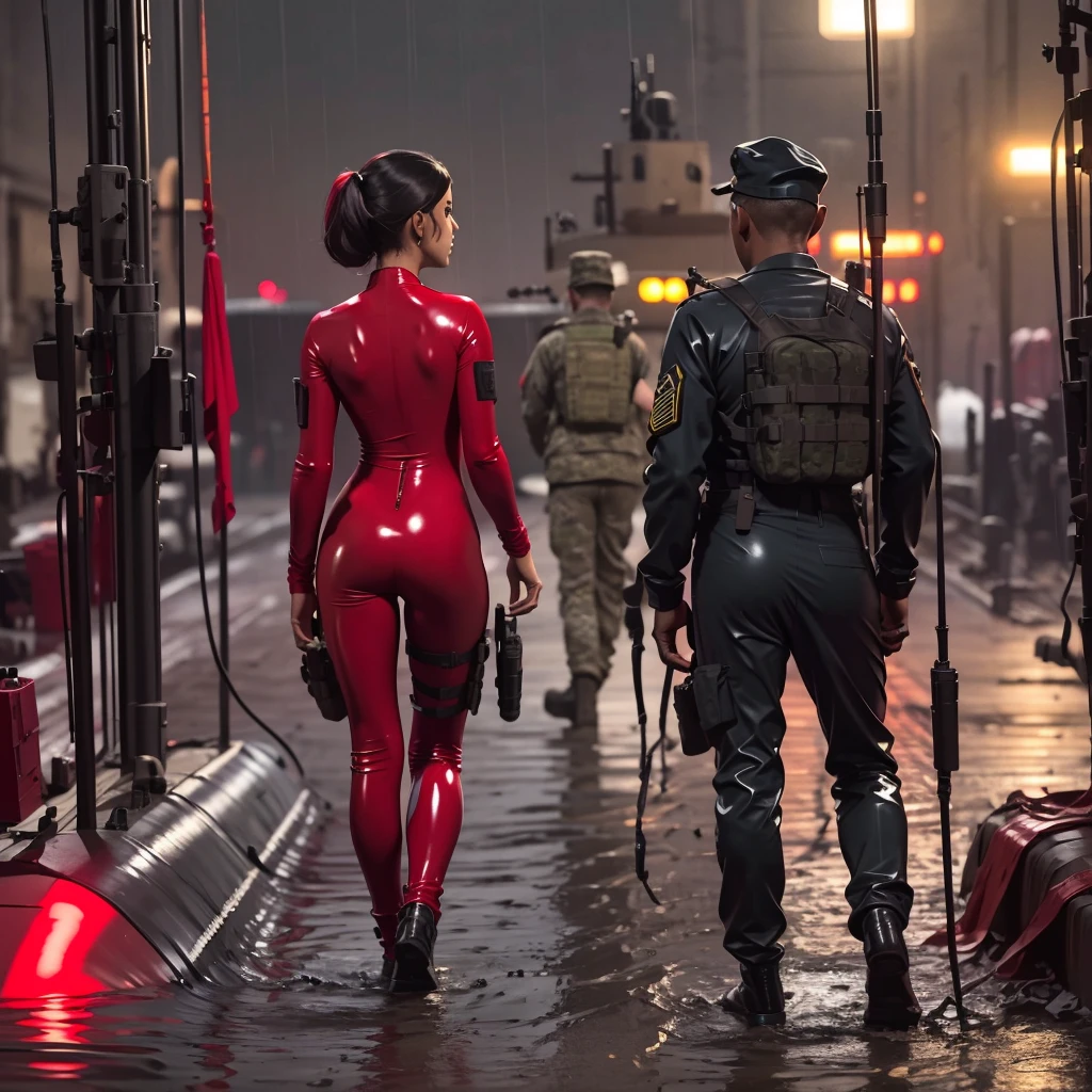 (1 girl operator wearing a red latex bodysuit and transparent rain coat) is the only main character of this scene in full body from behind, ready for assignment, the background is the exterior of a naval base during a rainy night, A detailed, realistic image of a U.S. Navy submarine preparing for a critical mission. The submarine is docked at a naval base, with crew members bustling around. The scene should show the submarine's sleek, gray hull and the surrounding naval environment, including dock facilities, military vehicles, and personnel in uniforms., Ensure the lighting reflects the tension and seriousness of a military environment. Use dim, ambient lighting for exterior scenes to create a sense of urgency., Pay attention to the details of military equipment and uniforms to ensure the scene is realistic and accurate.