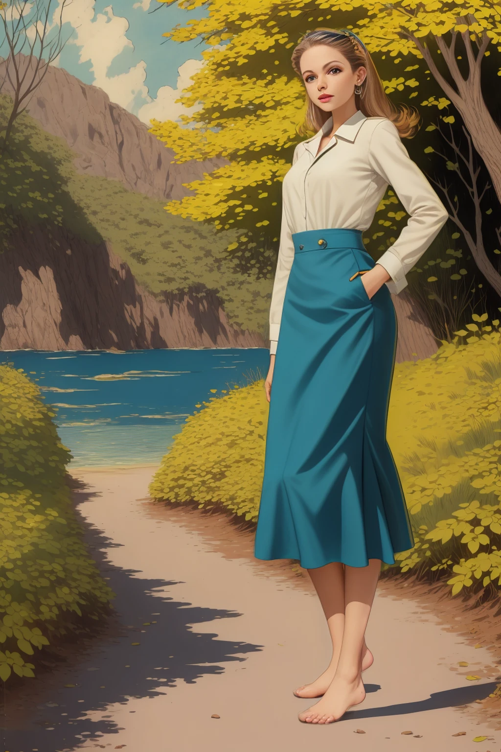 ((full body photo, standing, feet on the ground))  Masterpiece, best quality, hi res, 8k, hi res, 8k,  award winning , (sharp focus, intricate, highly detailed) romancecomics, drawing of a woman in nature, vintage color comics