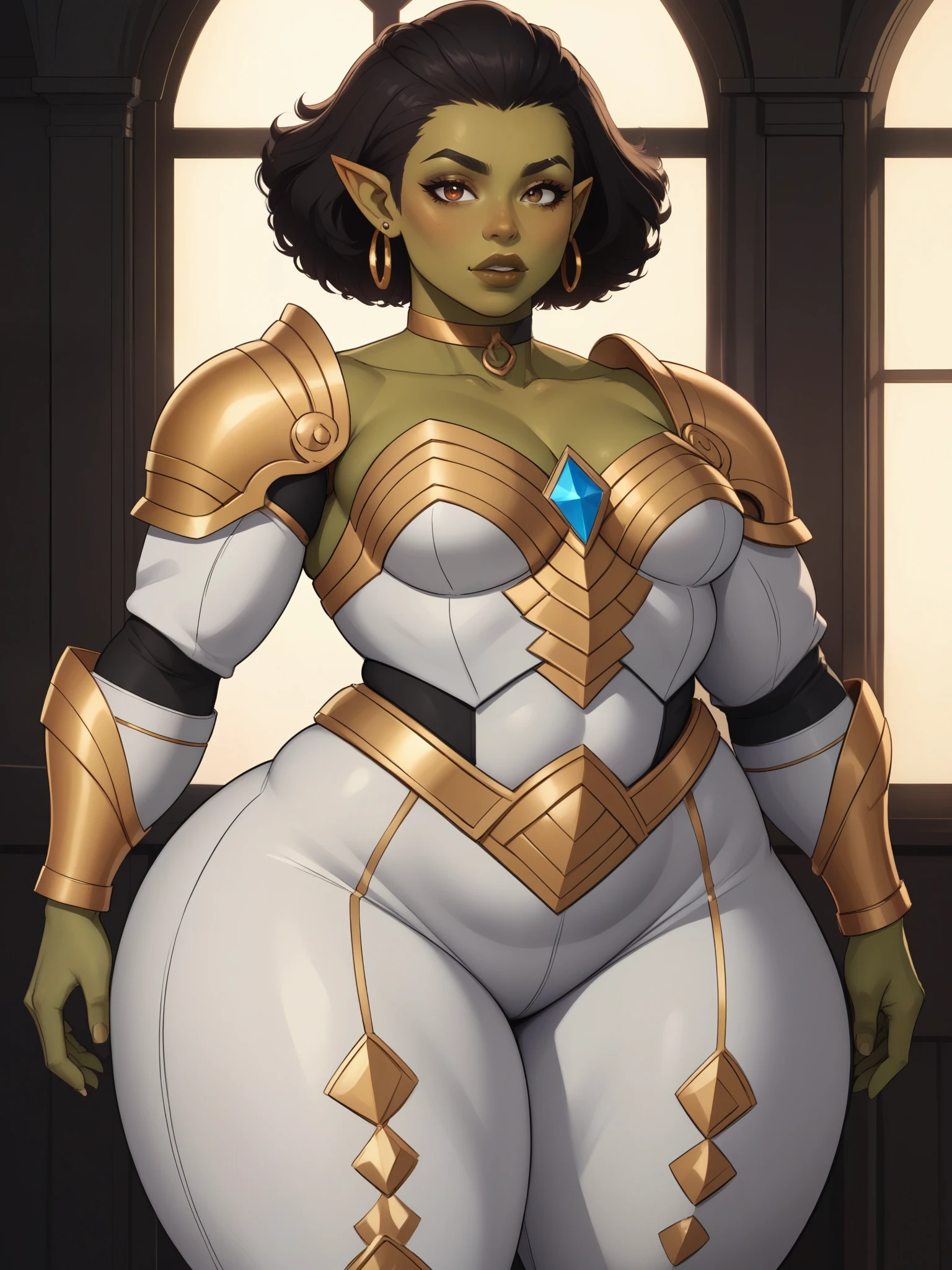 Orc Girl. random eye color. dark green skin. very short hairstyle. choker. random lips color. earrings. gold bracelets. small breasts. huge hips. bbw. castle rock. armor suit
