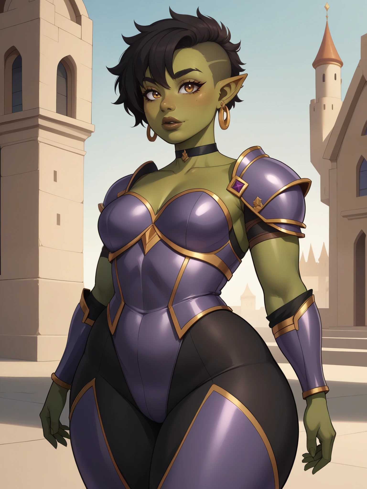 Orc Girl. random eye color. dark green skin. very short hairstyle. choker. random lips color. earrings. gold bracelets. small breasts. huge hips. bbw. castle rock. armor suit
