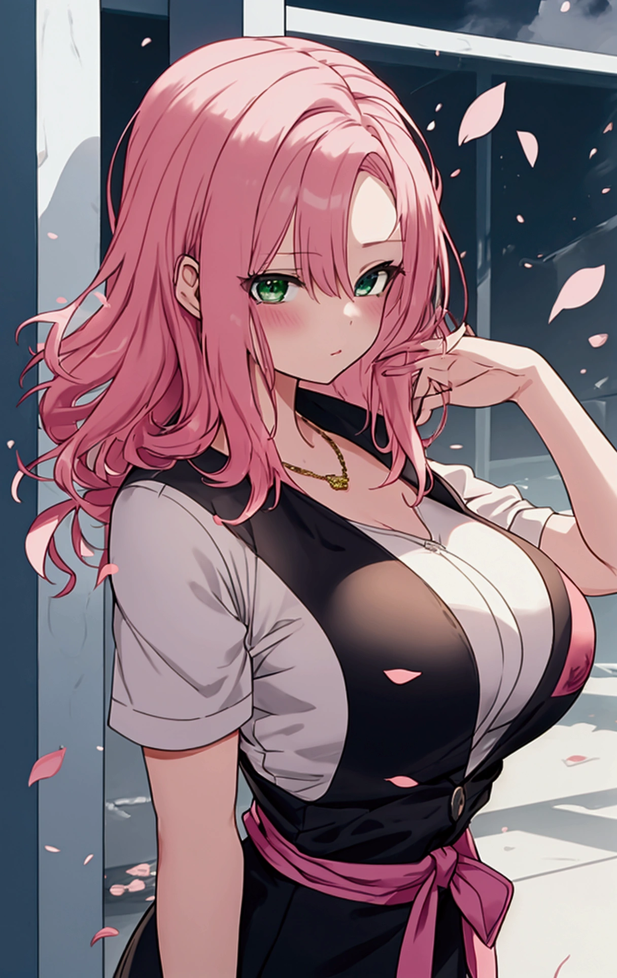 A girl with pink hair and green eyes poses for a photo shoot, Sakura Haruno, adult, Big Breasts, Best anime 4k konachan wallpaper, Enchanting anime girl, I also make fan art, sakura petals around her, Splash Art Anime , Anime Style 4k, Anime Moe Art Style, High quality anime art style, Detailed anime artwork, Anime Wallpaper, Anime Best Girl, {{He murdered a female teacher, ripped off her face, and took her place in the school to break into the school.}}, Japanese Anime, NSFW