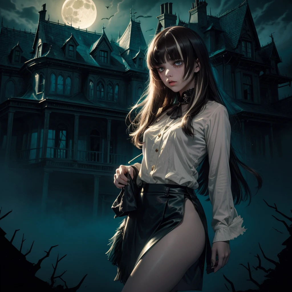 1girl, ((Caucasian)), white girl, , small slender body, ((torn blouse, torn skirt)), long brown hair, bangs, ((fringe with textured bangs)), full lips, full moon, haunting atmosphere, ((haunted house)), ((erotic)), white color scheme with teal and gold accents, ((high contrast)), ((rim lighting))
