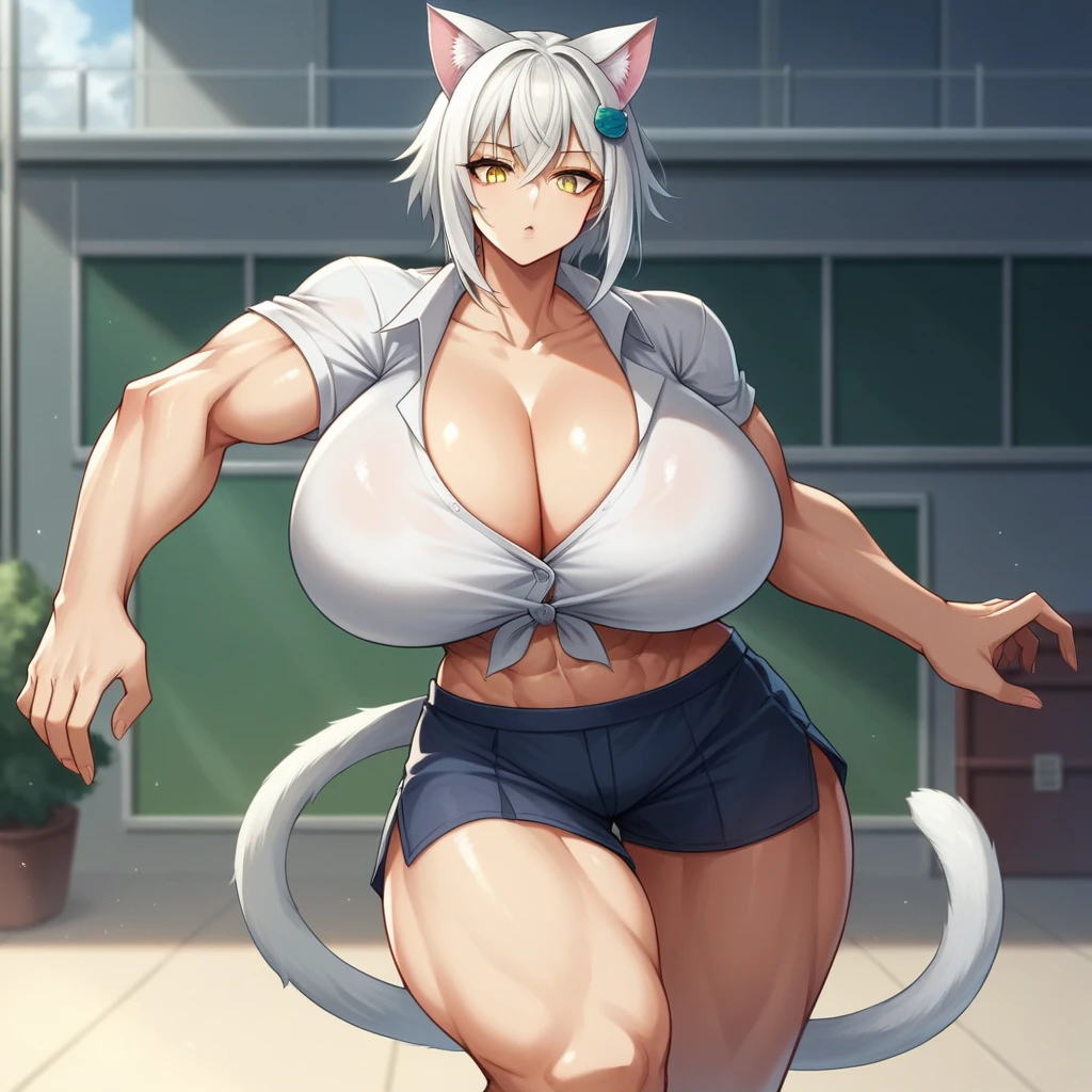 Large biceps, massive breasts, {Ultra gigantic breasts} massive cleavage, toned abs, giantess growth, school, color, muscular, (koneko_tojou, hair ornament, white hair, short hair, yellow eyes, solo, cat hair ornament)
(animal ears,cat ears,tail)