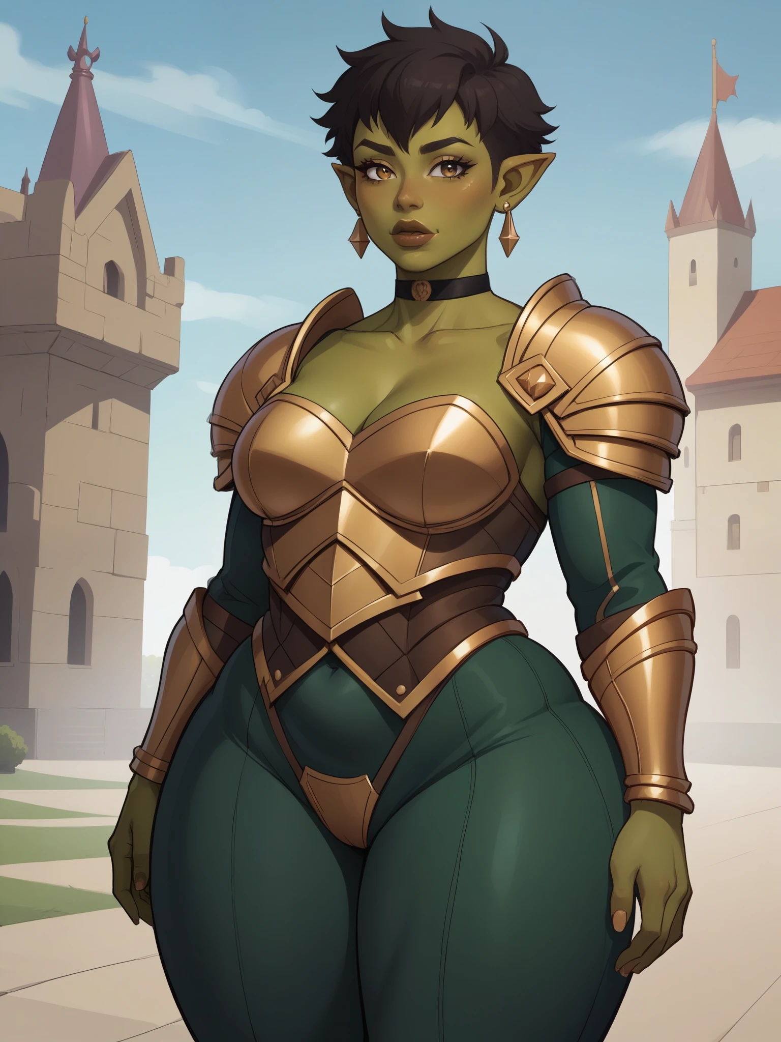 Orc Girl. random eye color. dark green skin. very short hairstyle. choker. random lips color. earrings. gold bracelets. small breasts. huge hips. bbw. castle rock. armor suit
