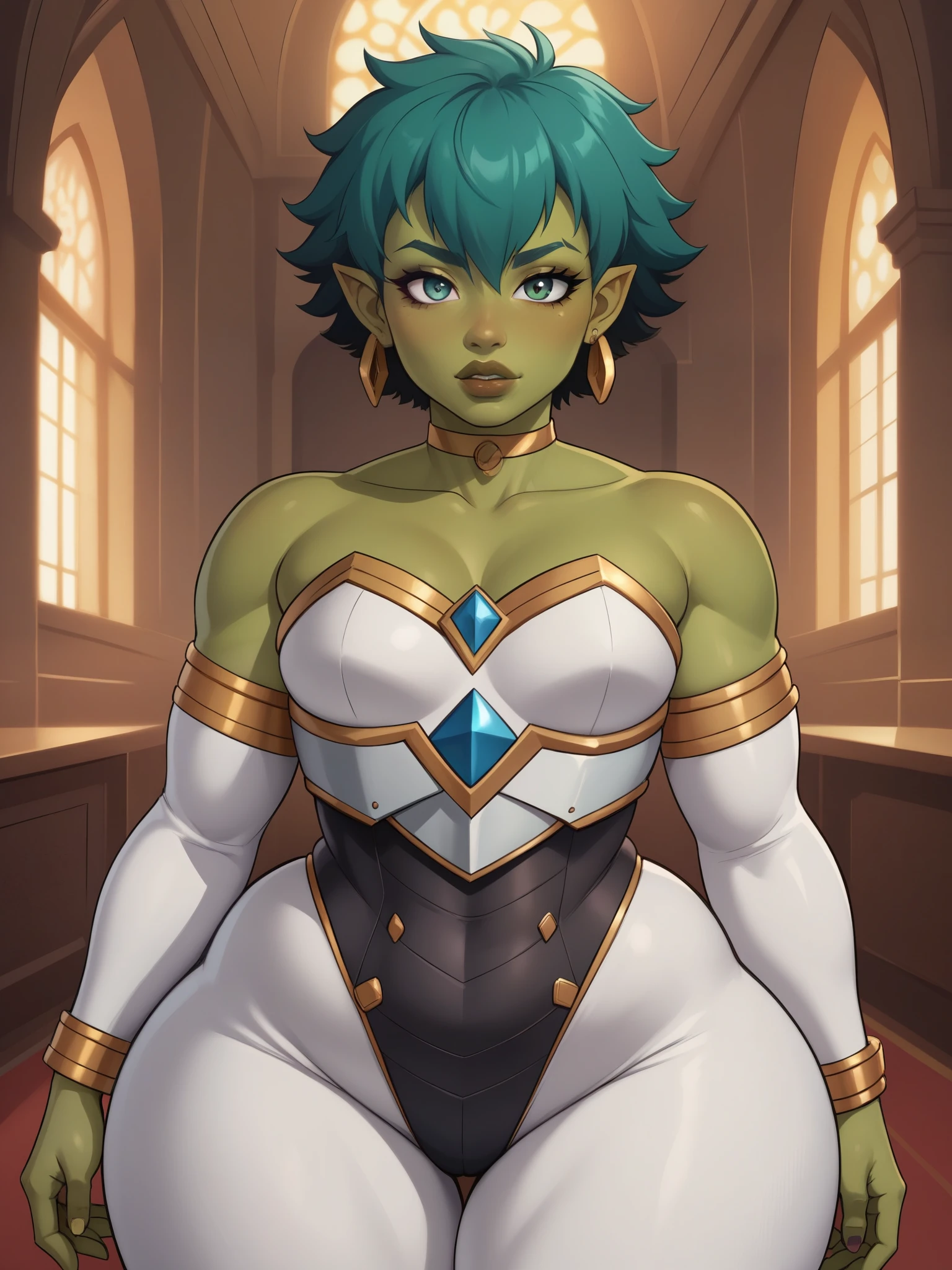 Orc Girl. random eye color. dark green skin. very short hairstyle. choker. random lips color. earrings. gold bracelets. small breasts. huge hips. bbw. castle rock. armor suit
